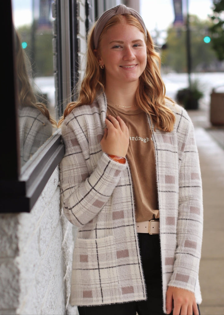 The Birch Open Front Cardigan in Ivory/Taupe