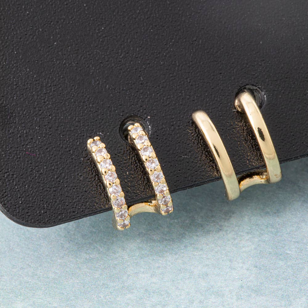 18K Gold Dipped Cz Pave Double Bar Huggie Earring Set