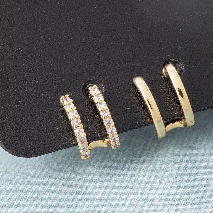 18K Gold Dipped Cz Pave Double Bar Huggie Earring Set