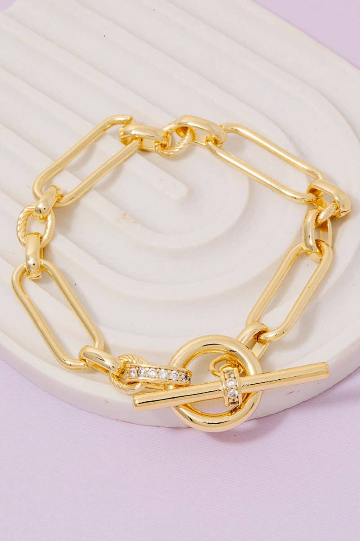 Gold Dipped Oval Chain Cz Pave Toggle Chain Bracelet