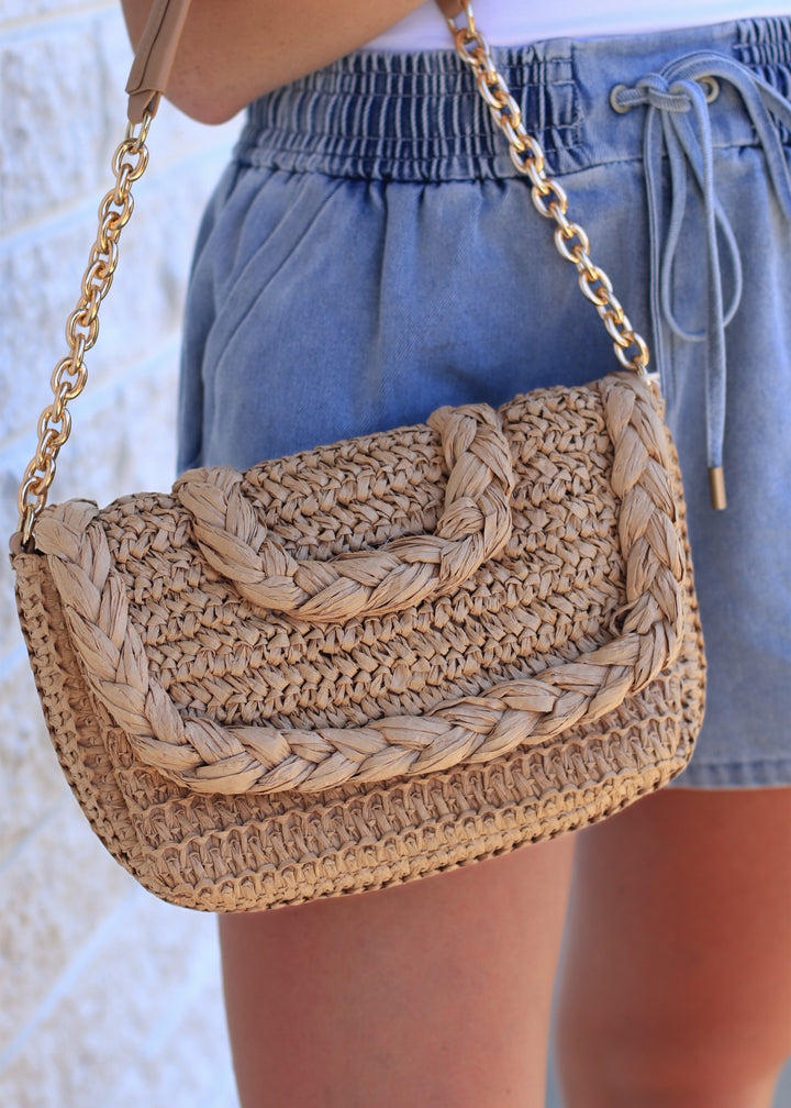 Woven Raffia Flap Shoulder Bag