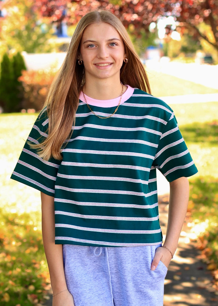 The Cape Cod Striped Boxy Tee Green/Pink