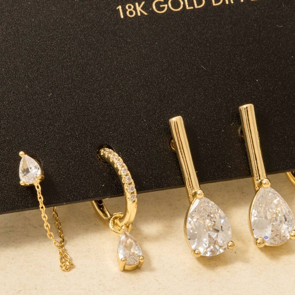 Gold Dipped Mixed Cz Tear Drops Earrings Set