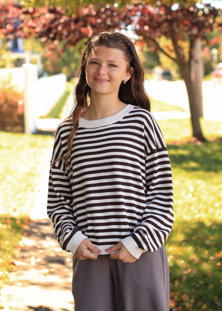 Oatmeal &amp; Brown Stripe Back Button Sweater