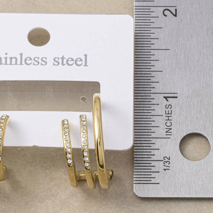 Stainless Steel Triple Band Cz Open Hoop Earrings