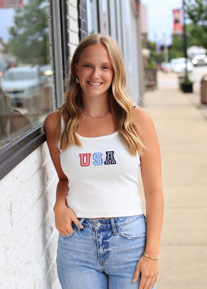 Gingham USA Tank Top in Off White