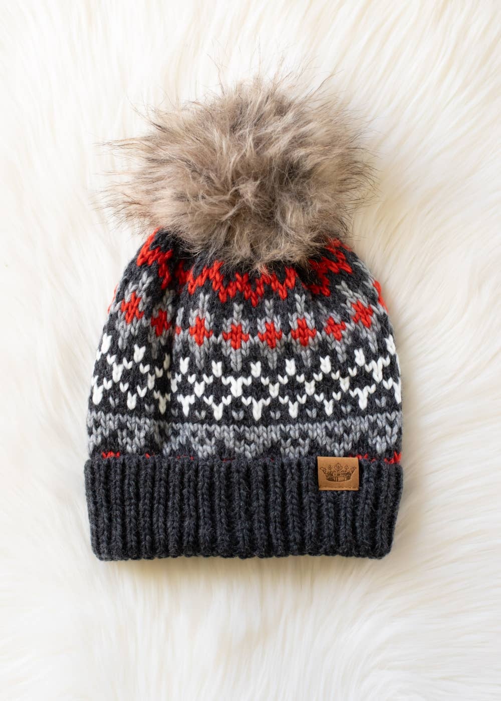 Dk. Gray, Red & White Winter Pattern Pom Hat