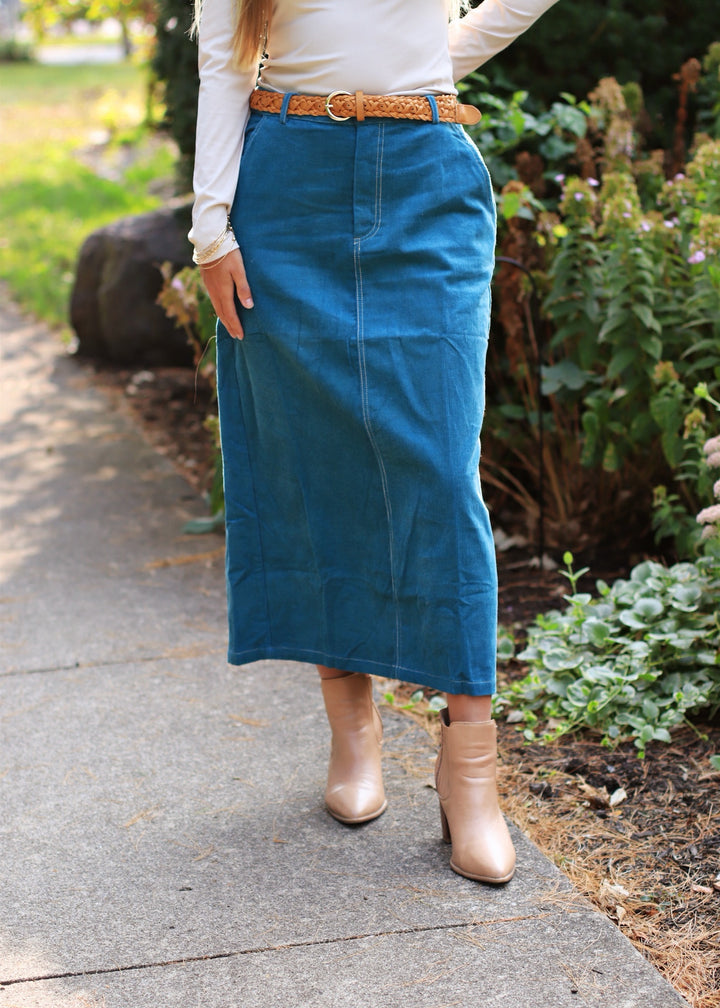 CLEARANCE FINAL SALE  Teal Corduroy Midi Skirt