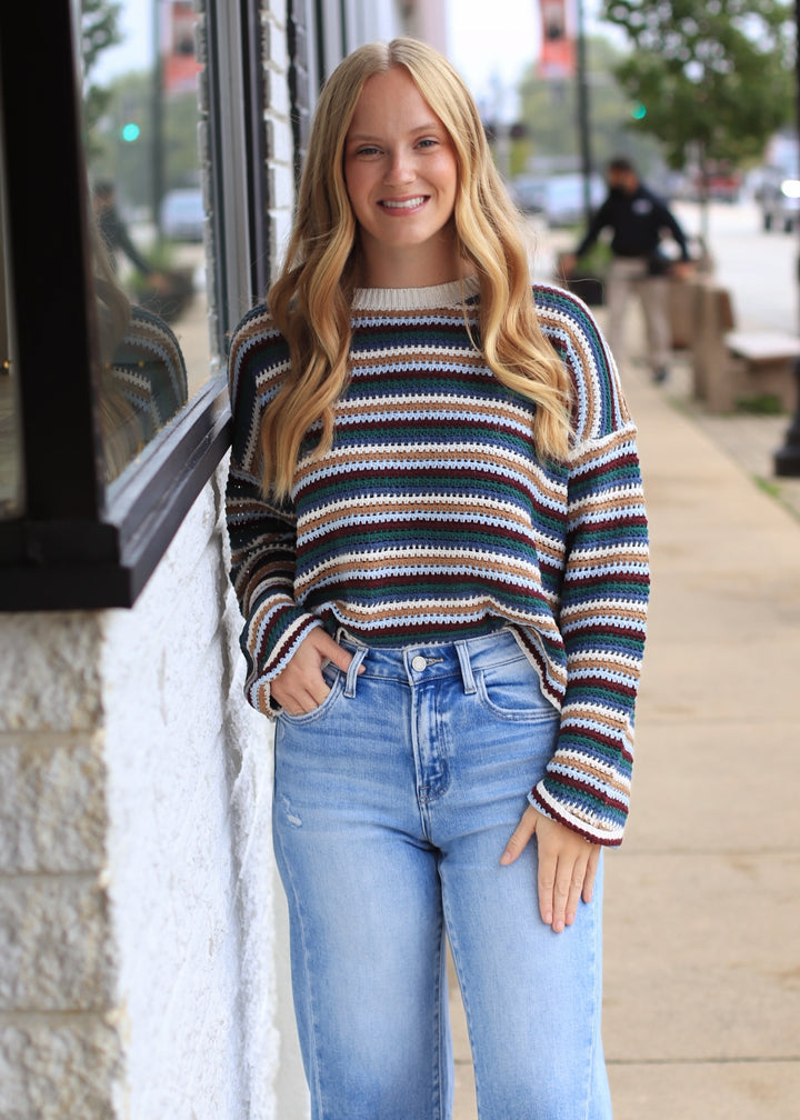Ecru Combo Striped Boat Neck Sweater