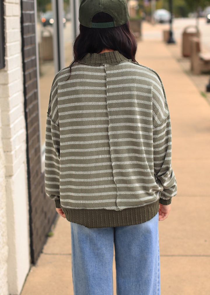 Olive Striped Mock Neck Knit Top