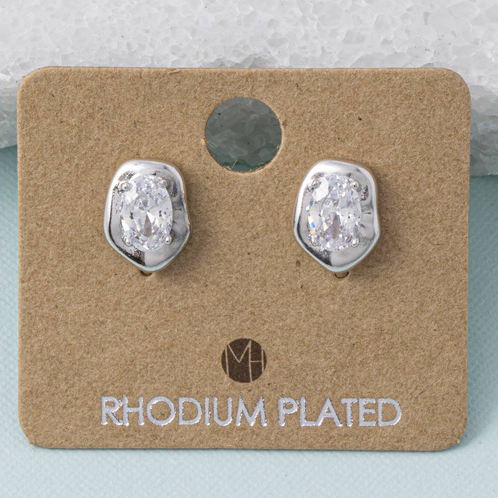 18K Gold Dipped Oval Cz Molten Frame Stud Earrings