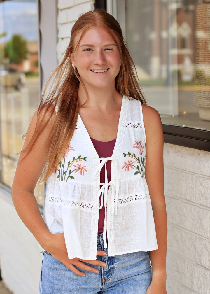 Embroidered Floral Tie-Front Peplum Vest