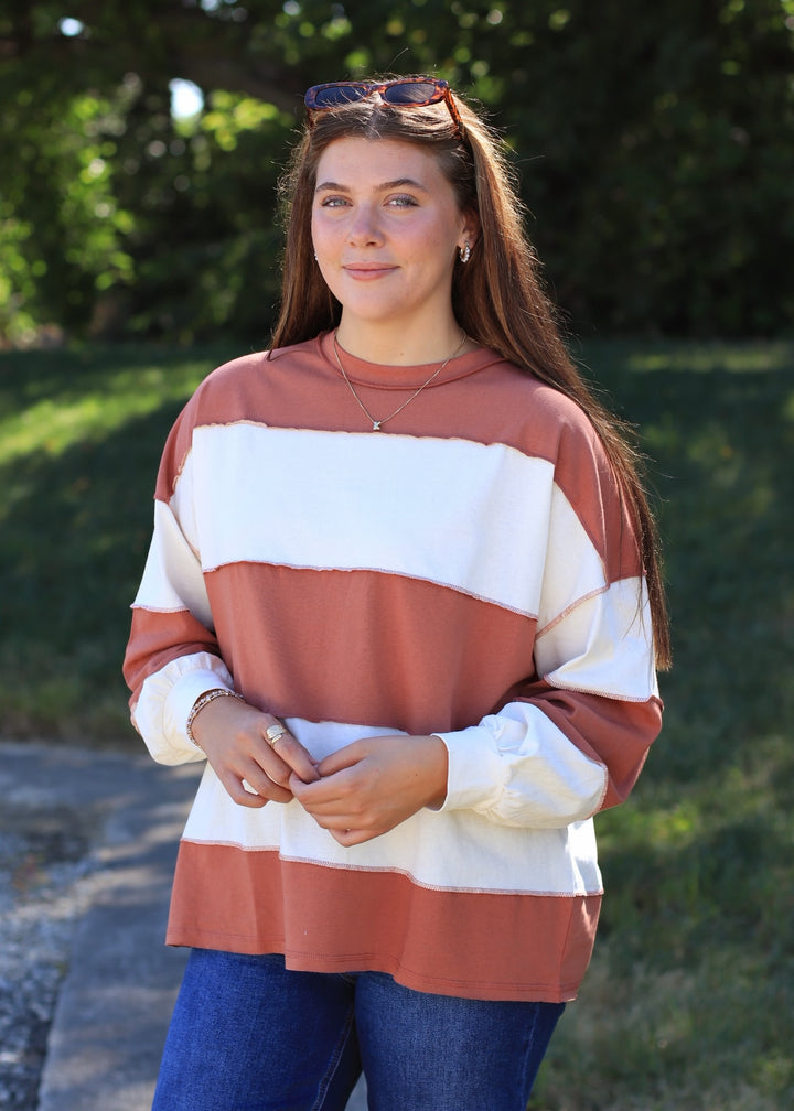 Contrast Panel Long Sleeve Slouchy Pullover