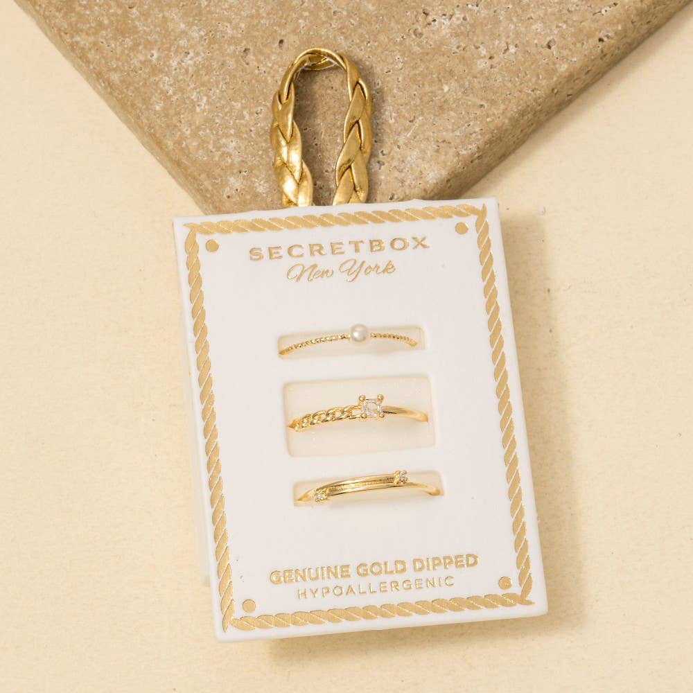 Secret Box Gold Dipped Pearl And Gem Stud Band Rings Set
