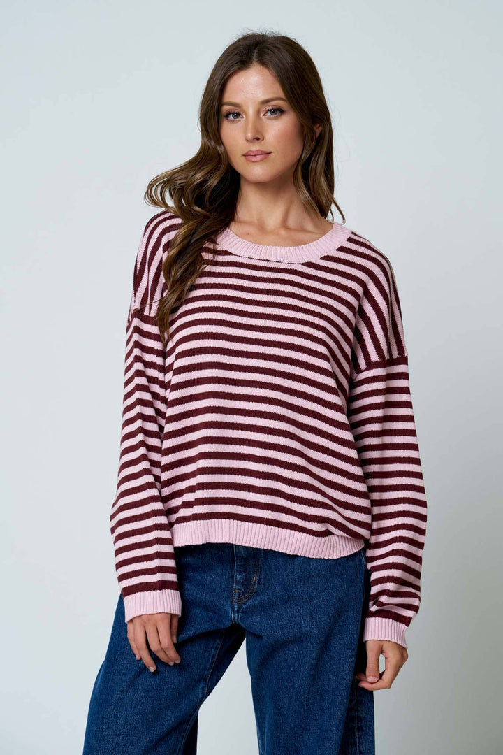 Oatmeal &amp; Brown Stripe Back Button Sweater