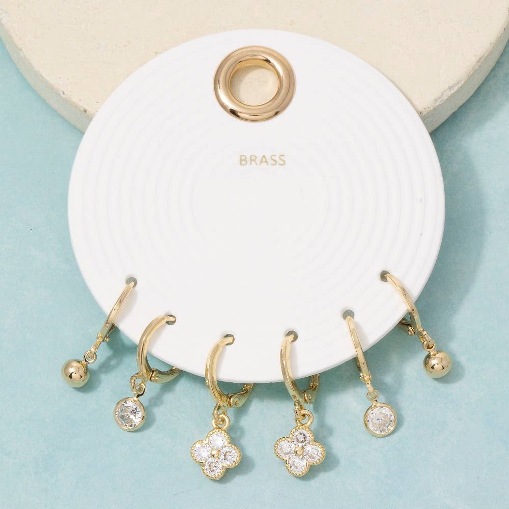 Cz Clover And Ball Charm Hoop Earring Set