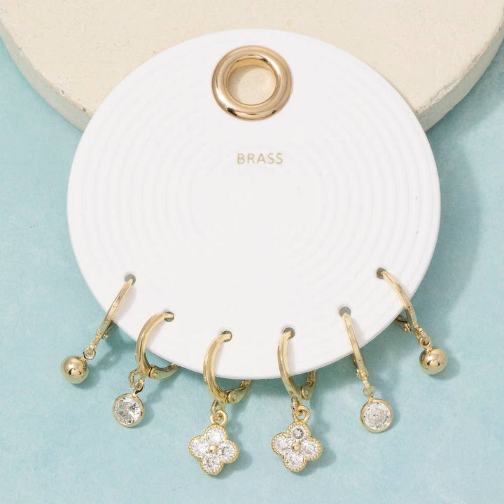 Cz Clover And Ball Charm Hoop Earring Set