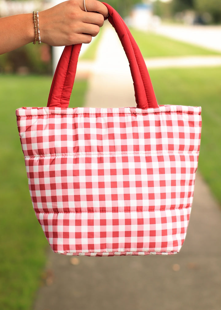 Red Gingham Check Mini Puffer Tote Bag