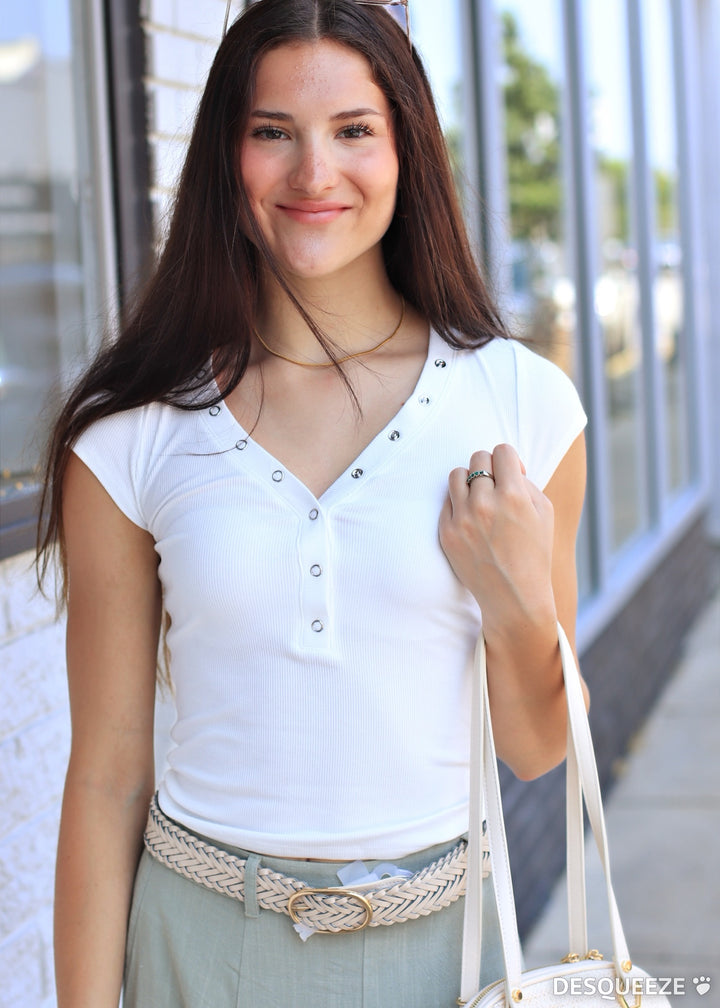 The Snap Henley Knit Top  in White