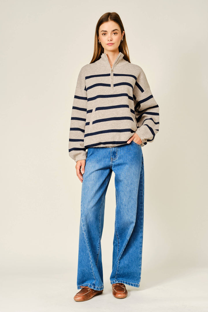 Mary Ann Striped Mock Neck Zip-Up Sweater