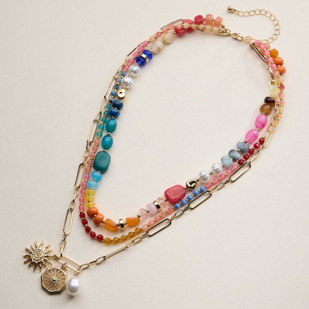 Layered Beaded and Chain Necklace with Sun and Pearl Charms | Gold Accent Design
