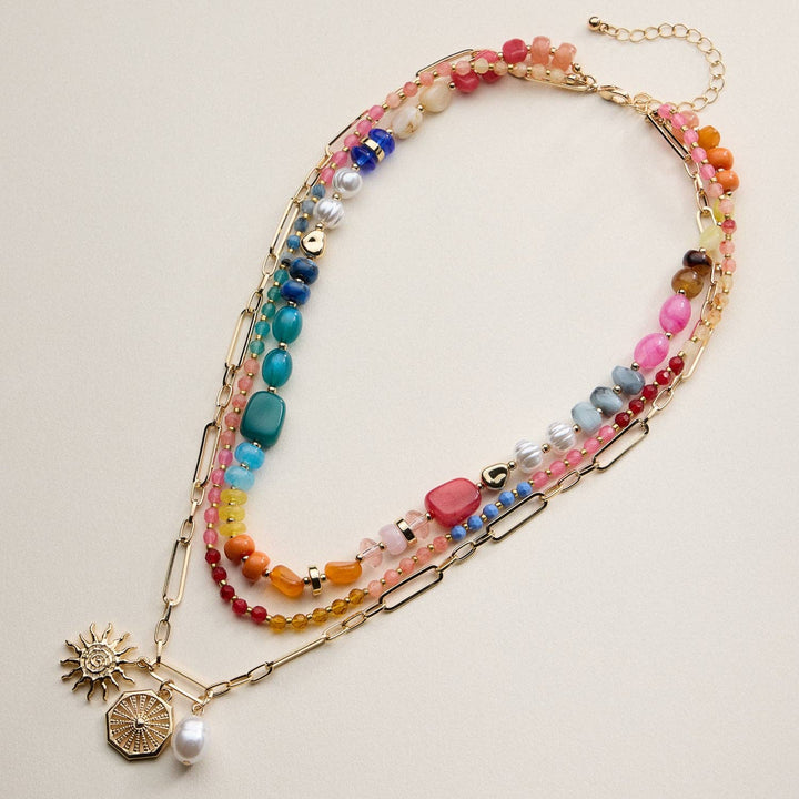 Layered Beaded and Chain Necklace with Sun and Pearl Charms | Gold Accent Design