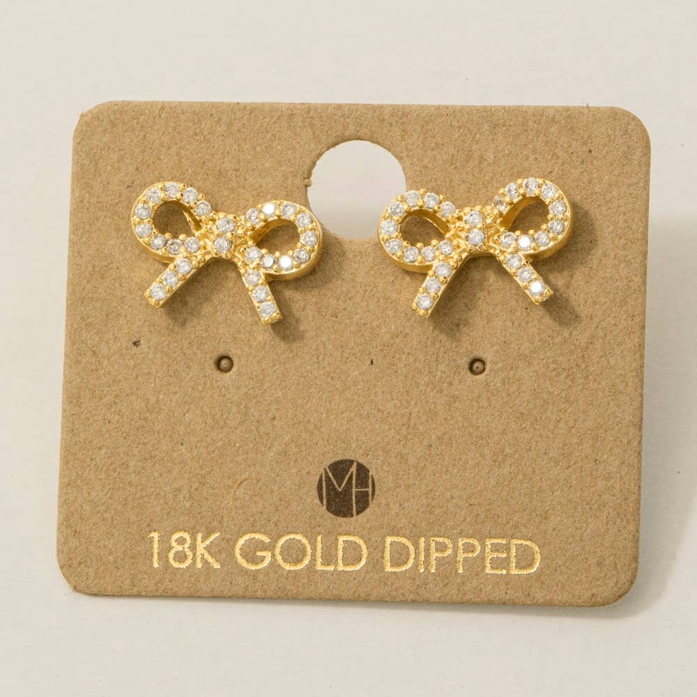 Gold Dipped Cz Pave Ribbon Bow Stud Earrings