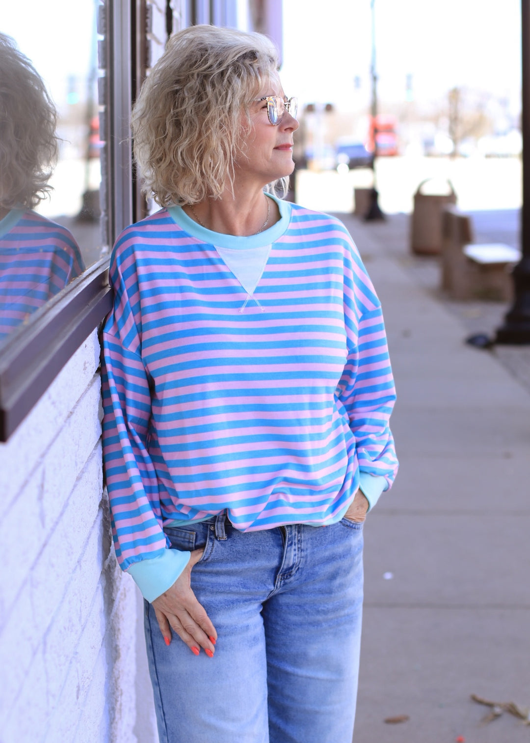The Stevie Stripe Pullover in Teal/Blush
