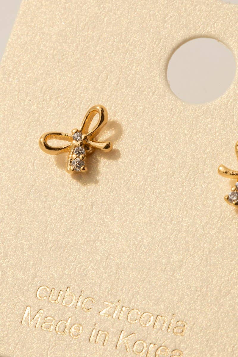 Gold Dipped Mini Cz Bow Stud Earrings