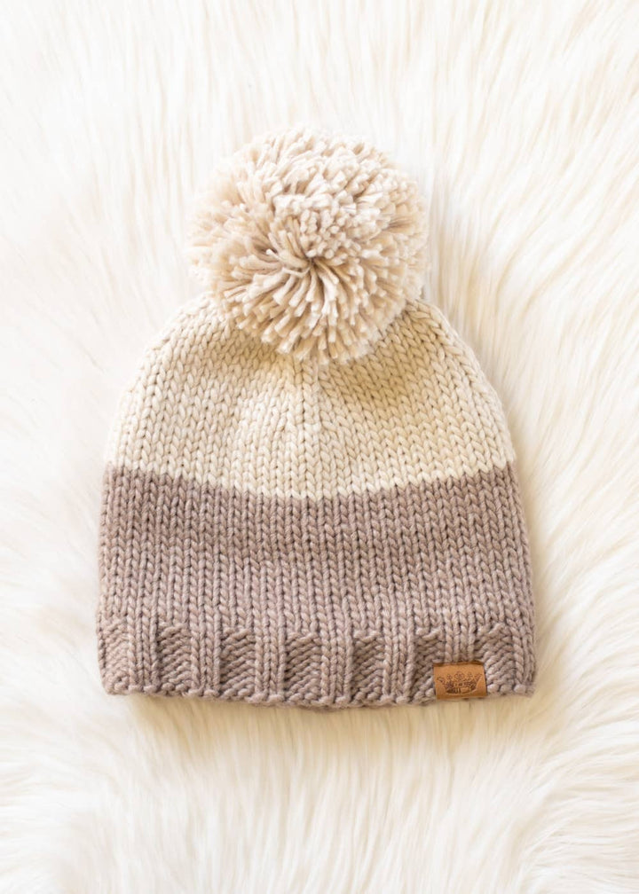 Beige & Taupe Color Block Pom Hat