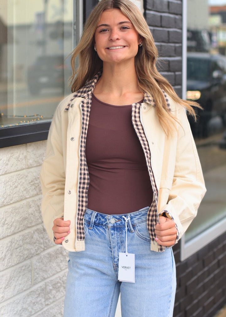 Vintage Oxford Canvas Twill Fall Jacket With Gingham Collar