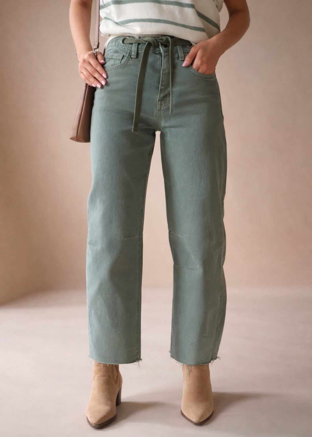 Olive Wide Barrel Crop Jeans