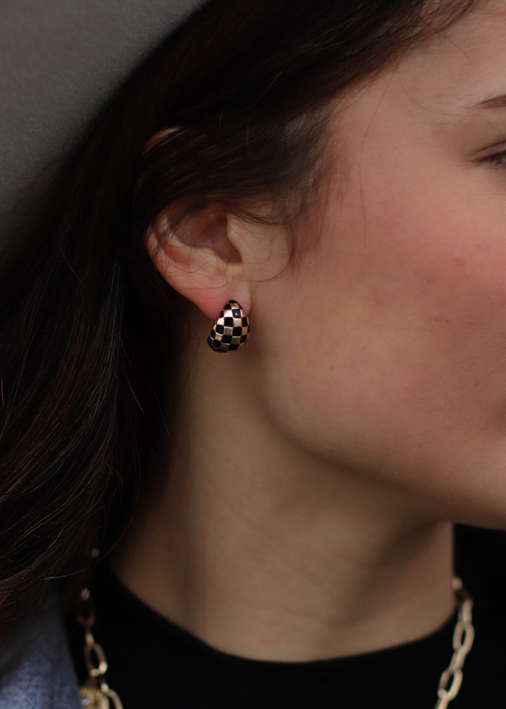 Checker Half Moon Earrings in Black