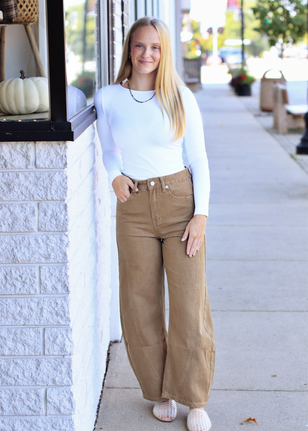Long Sleeve Crew Neck Top in White