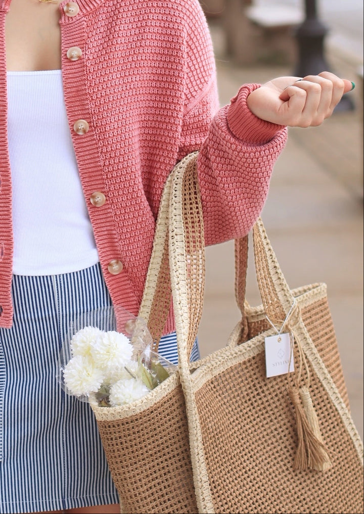 Tan Two Tone Woven Straw Tote Bag