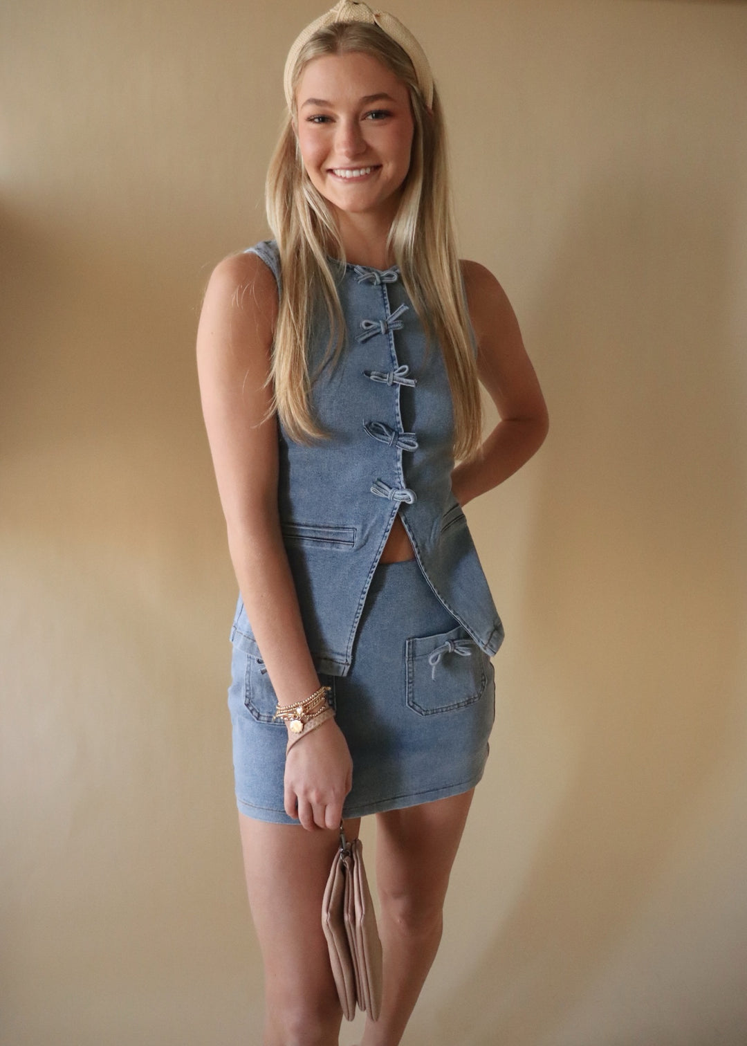 Mini Denim Skort With Front Pocket And Ribbon Bow Detail