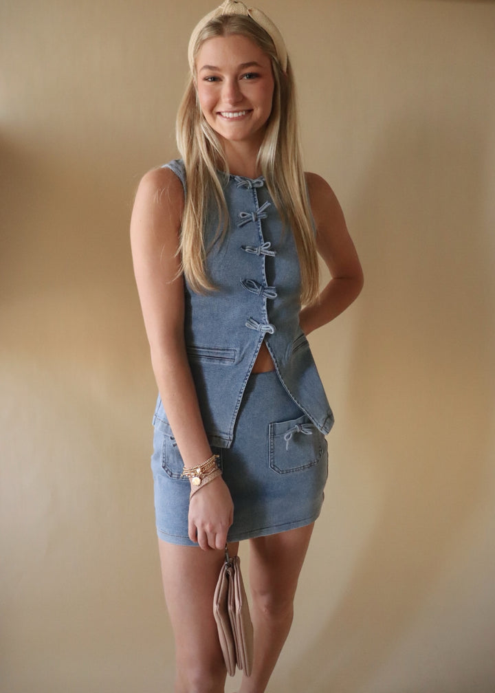 Mini Denim Skort With Front Pocket And Ribbon Bow Detail
