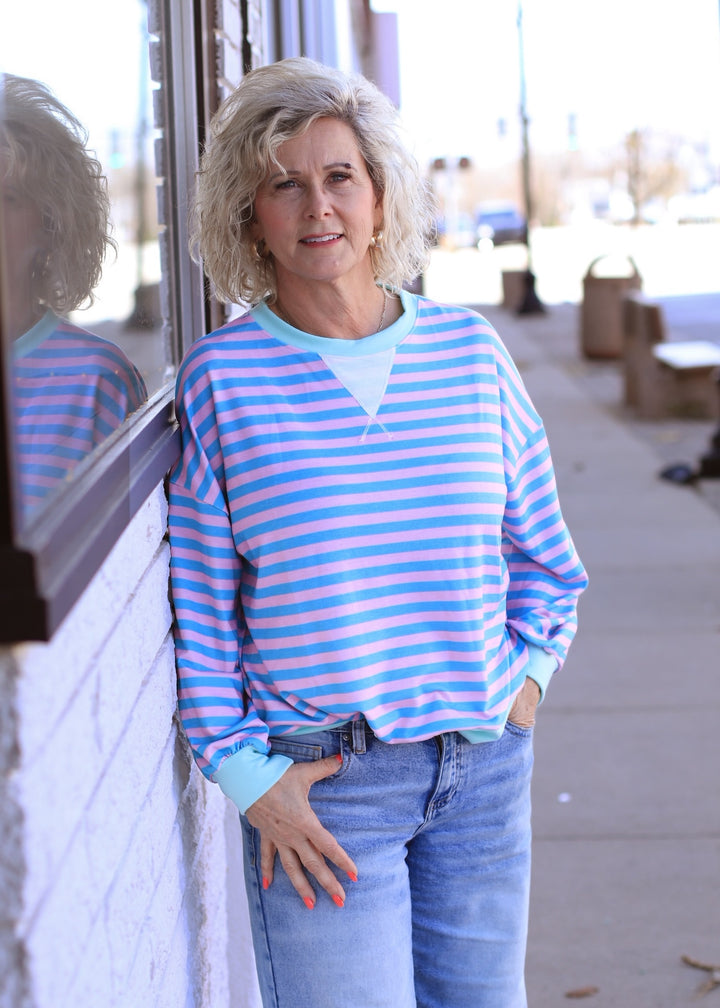 The Stevie Stripe Pullover in Teal/Blush