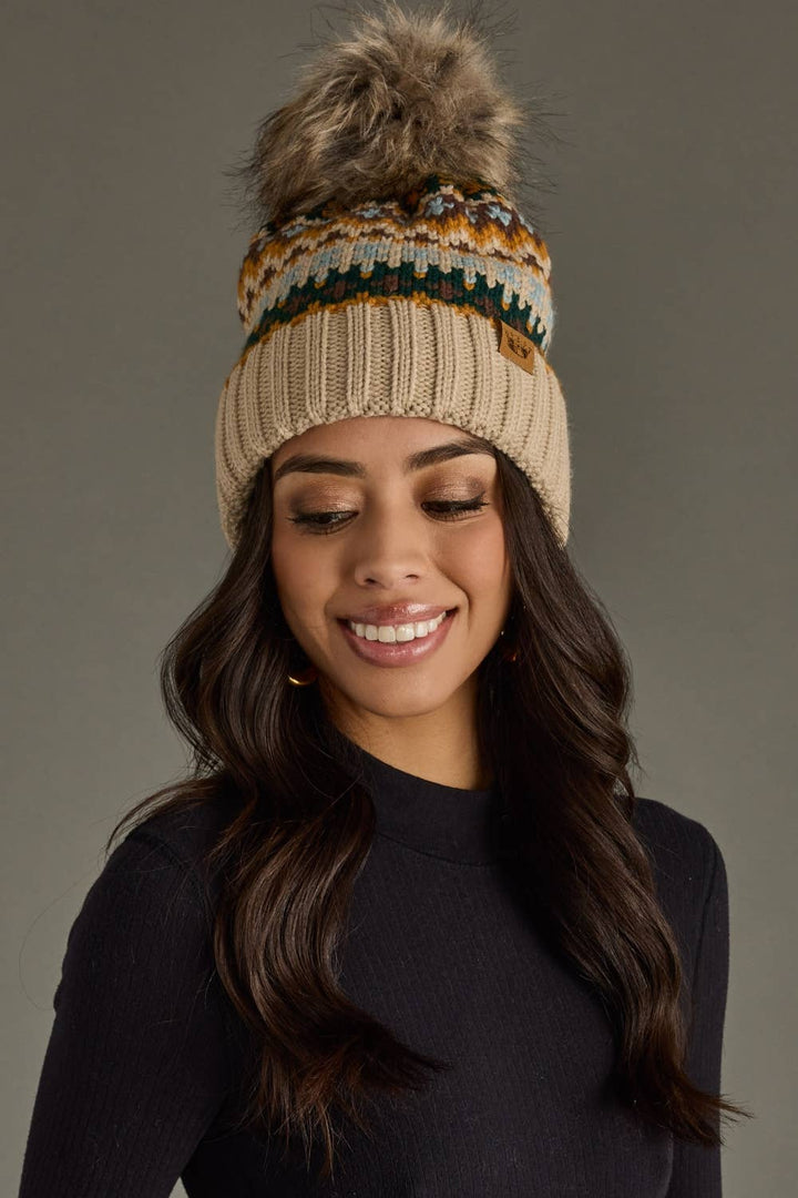 Taupe & Multicolored Patterned Pom Hat