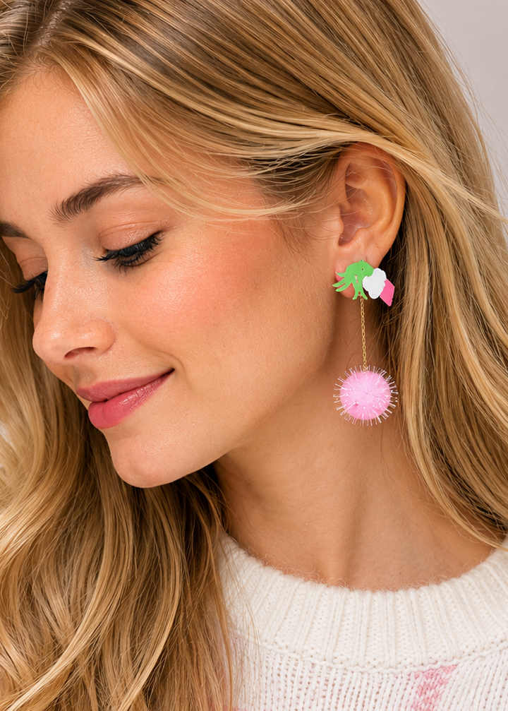 Green Monster Pom Pom Drop Earrings | Whimsical Acrylic Earrings