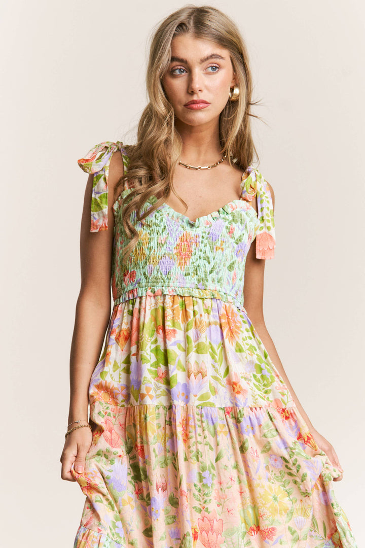 Smocked V-neck Tiered Multi Print Dress