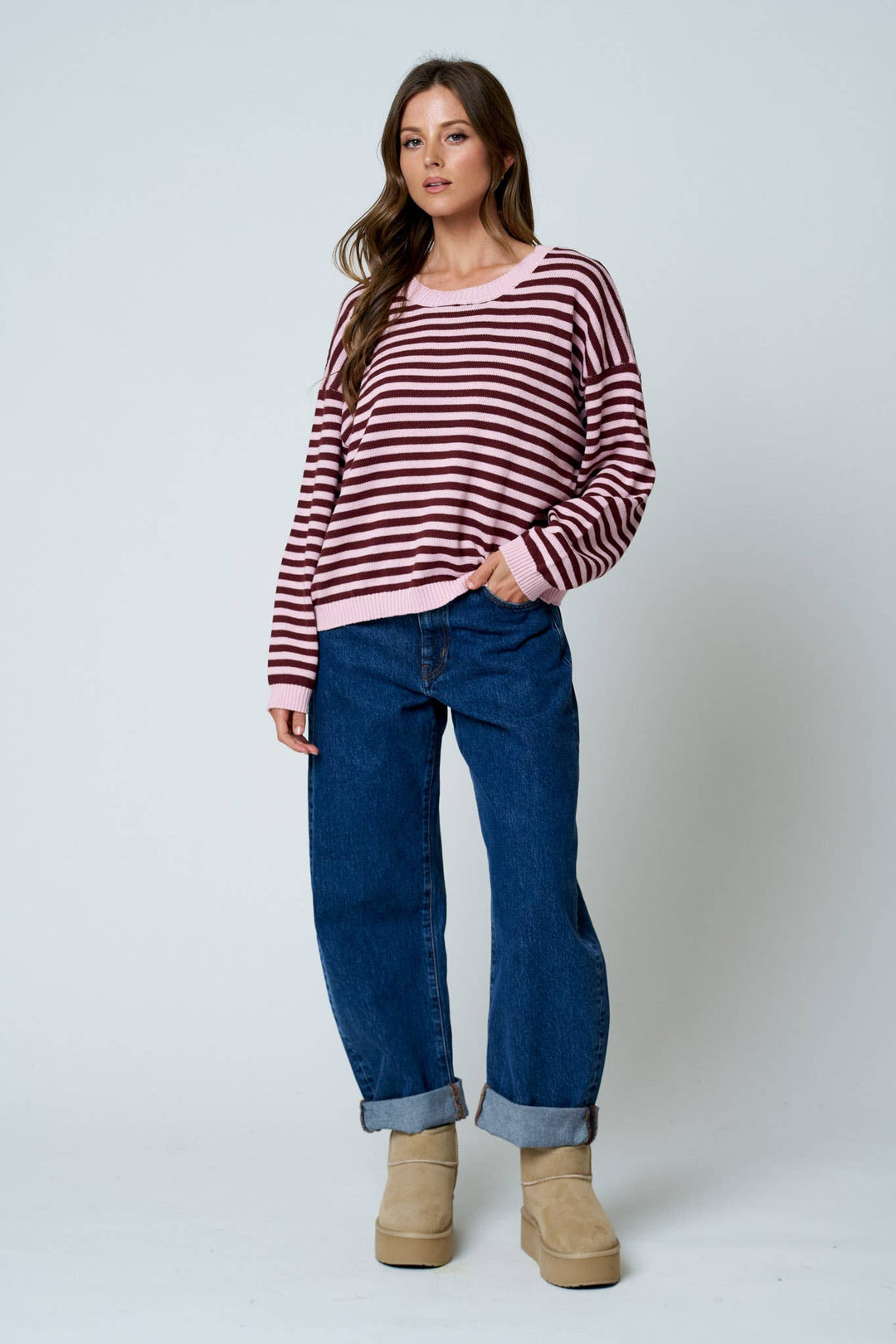 Oatmeal &amp; Brown Stripe Back Button Sweater