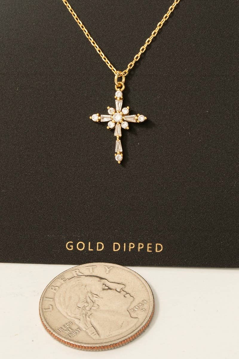 Gold Dipped Intricate Cz Cross Pendant Necklace