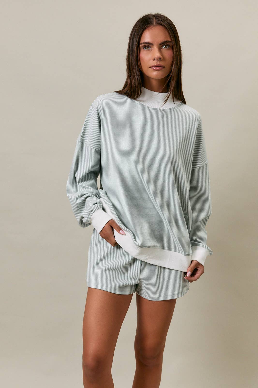 The Sage Cream Stripe Mock Top