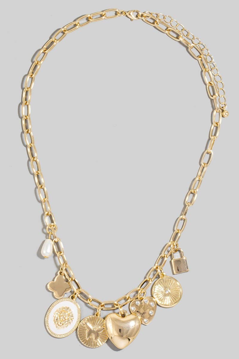 Heart Clover And Pearl Charms Chain Necklace