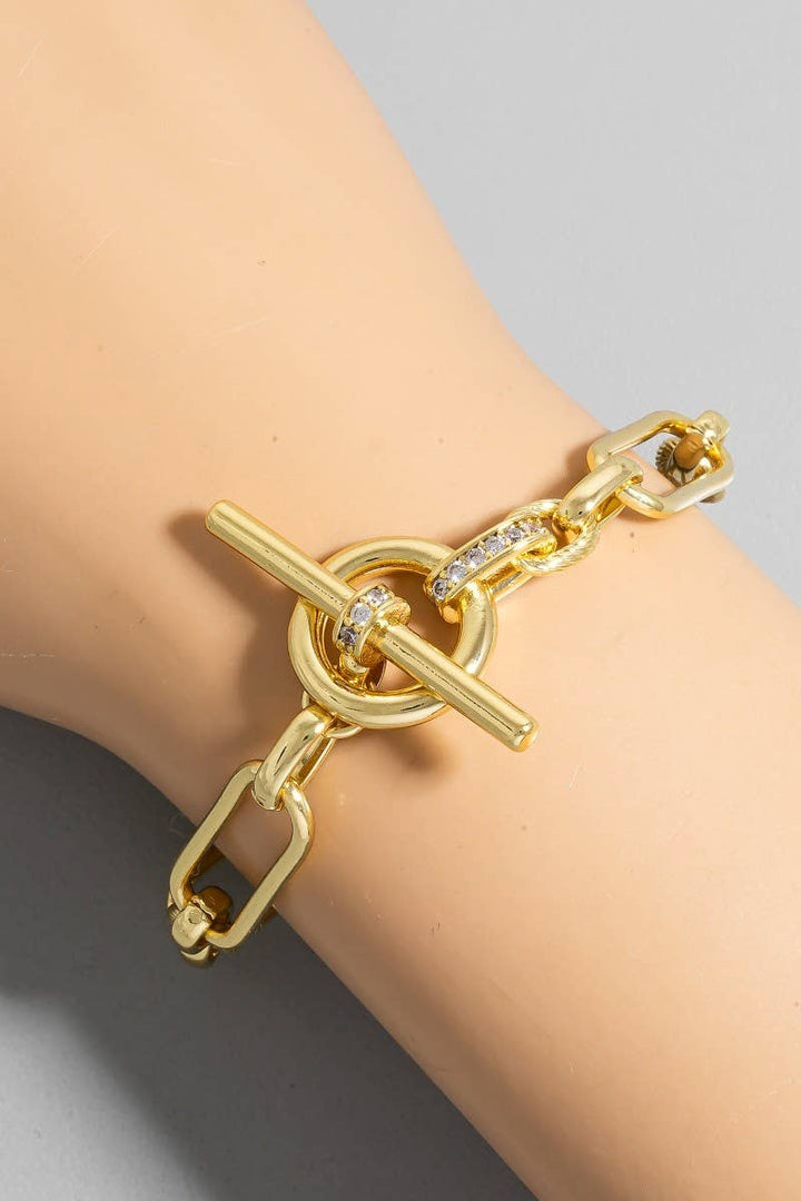 Gold Dipped Oval Chain Cz Pave Toggle Chain Bracelet