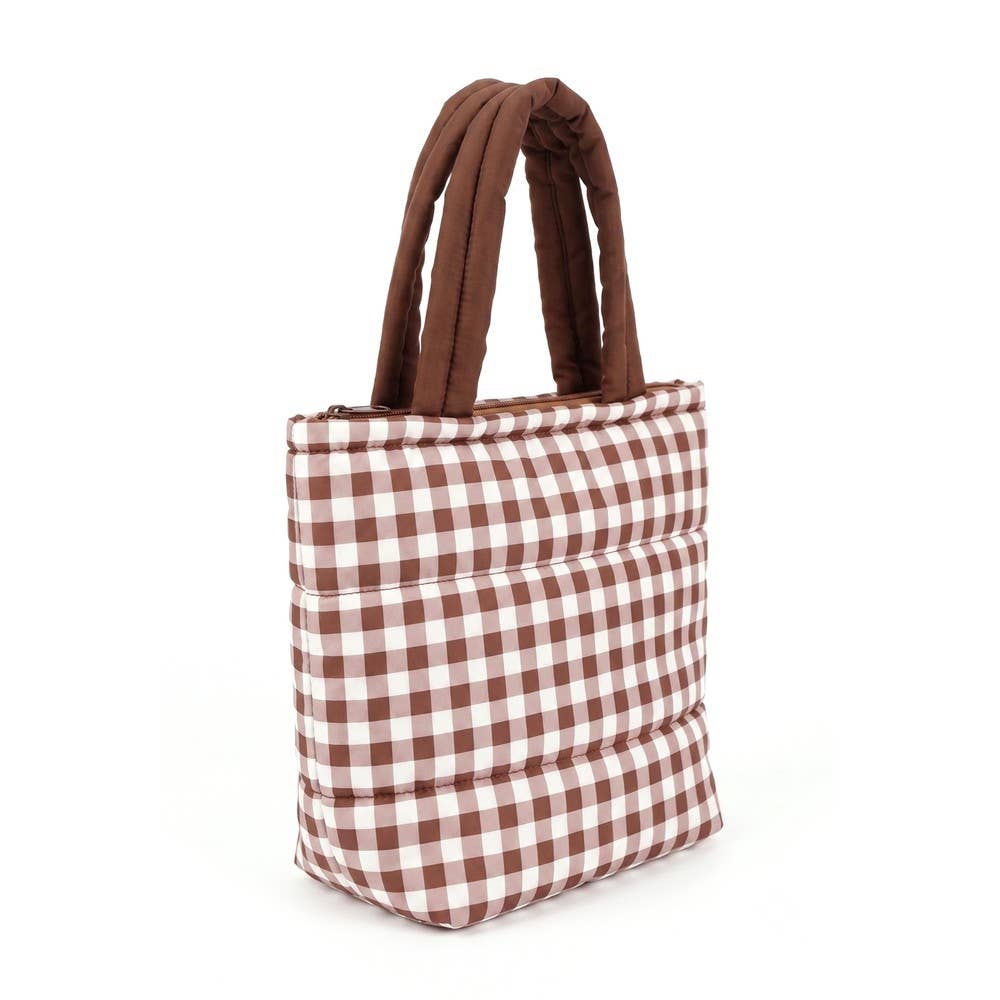 Brown Gingham Check Mini Puffer Tote Bag