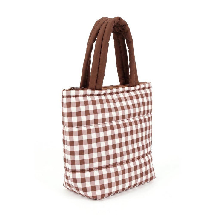 Brown Gingham Check Mini Puffer Tote Bag