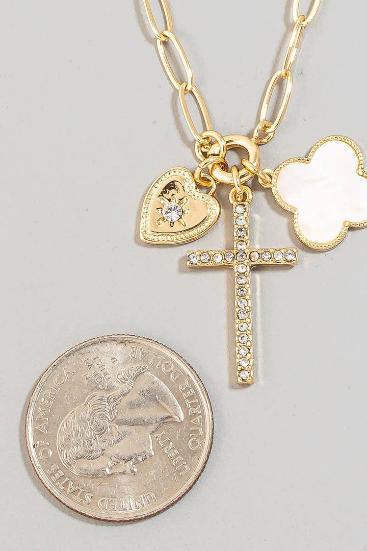 Pave Heart Cross And Shell Clover Charms Chain Necklace