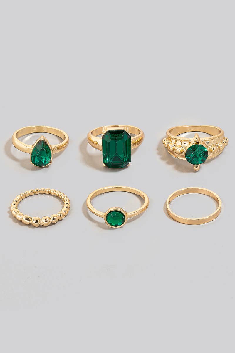 Mixed Faceted Green Gems Metallic Band Rings Set